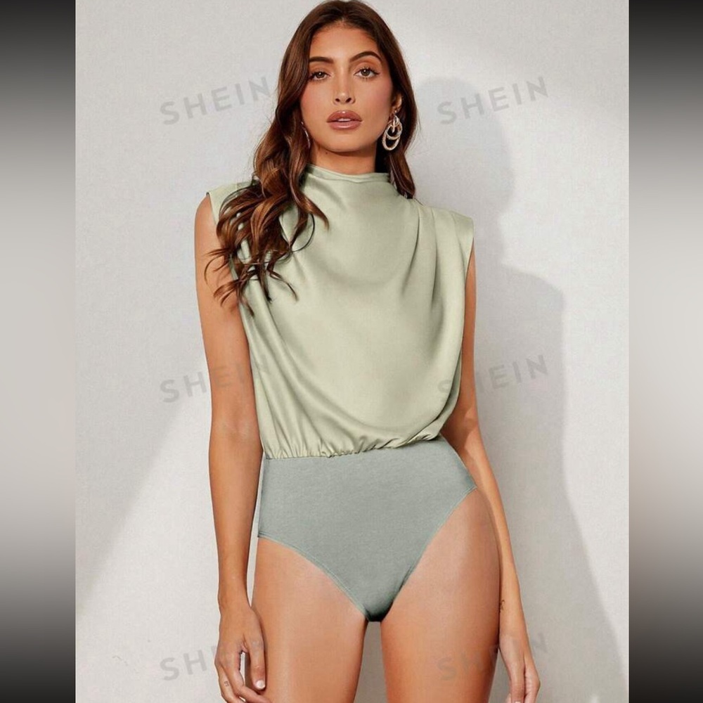SHEIN BIZwear Funnel Neck Split Back Satin Bodysuit